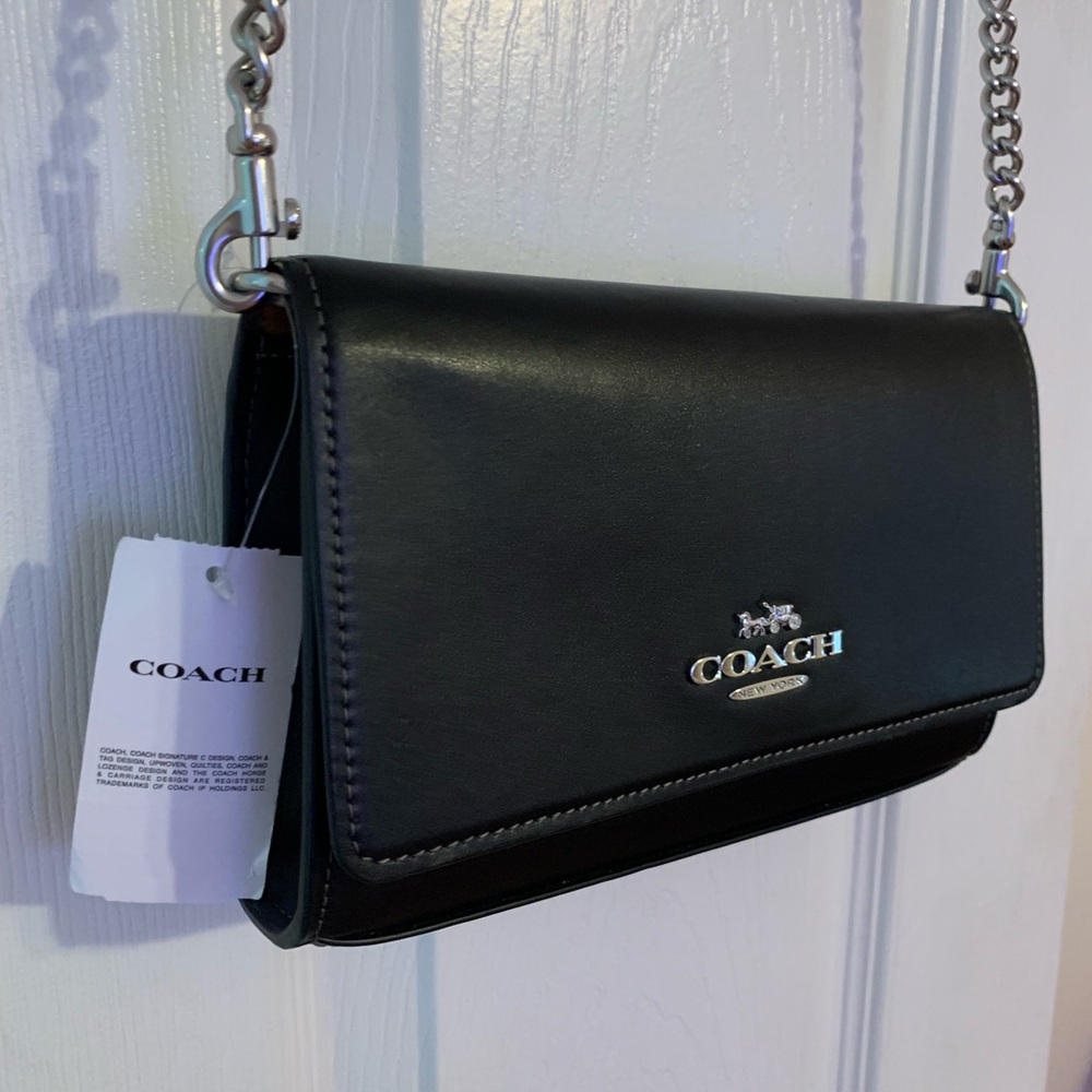 Coach Black Leather Crossbody Bag with Silver Chain